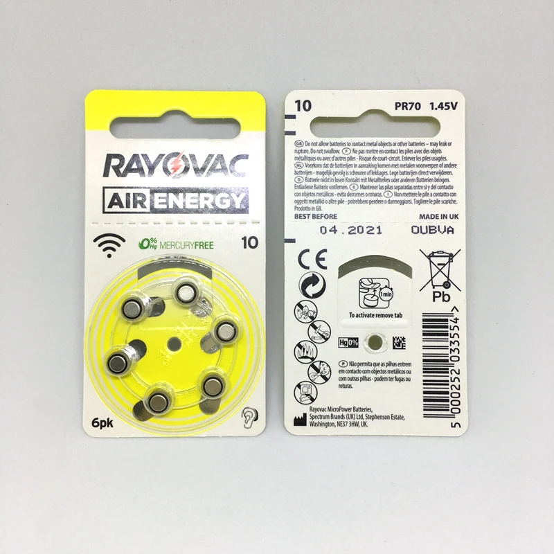 60 шт. батареи Rayovac A10 10A ZA10 10 S10 для слухового аппарата 10