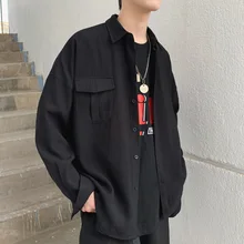 Весна Лето корейский карманный дизайн тонкий оверсайз Мужская черная белая Повседневная рубашка блузка