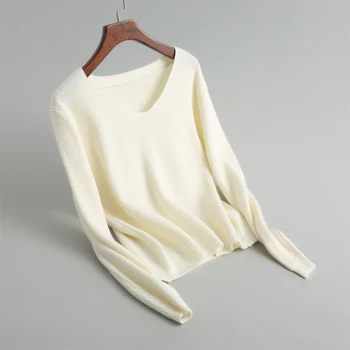 

Women solid color striped knit sweater V-neck long-sleeved sweater