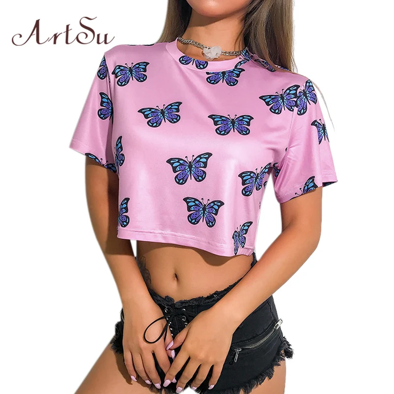 ArtSu с принтом бабочки Kawaii розовый топ женские рубашки Повседневная футболка с коротким рукавом лучший друг Милая забавная футболка s Женская ASTS20748