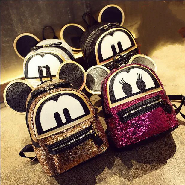 

Sequins Big Ears Women Backpack Quality PU Leather Girl Cute Cartoon College wind School bag Travel Books Rucksack School bag