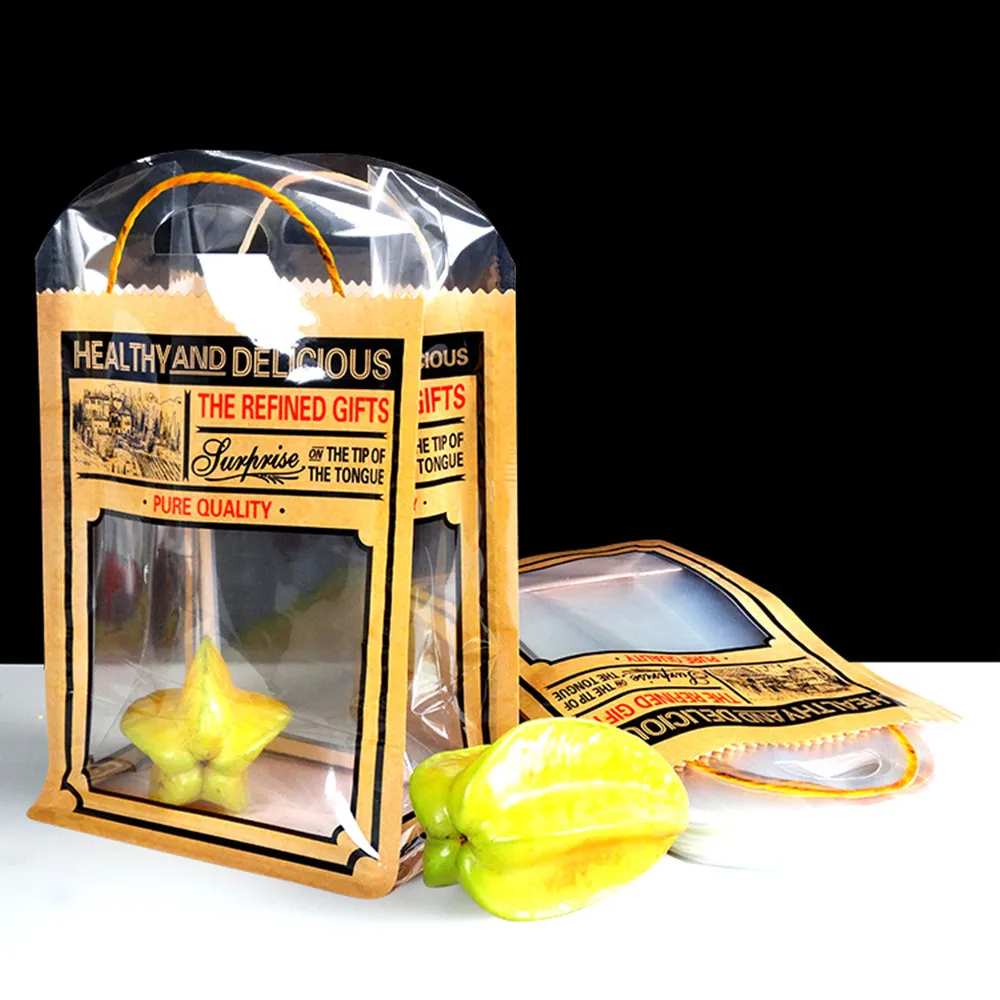 Hallmark tissue cake bag gift paper happy small DHL 300pcs Brown Plastic Gift Bag Fruit Packaging with Print Handle Clear Window Stand Up Keep