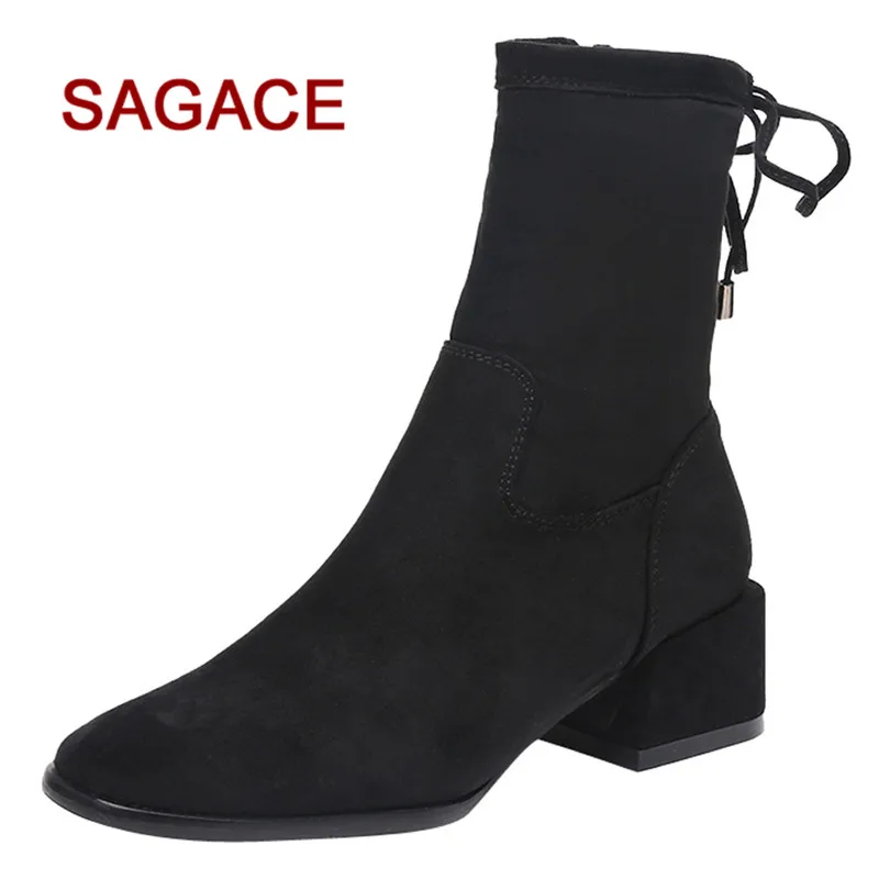 

GGHB@Ladies Boot Women Square Heel Shoes Martain Boot Suede Solid Color Round Toe Zipper Shoes