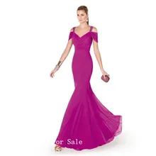 Neue Stil Robe de Soiree Darped V-ausschnitt Mermaid Lange Abendkleider 2016 Fuchsia Party Kleider Formales Abschlussball-kleid Vestido Longo