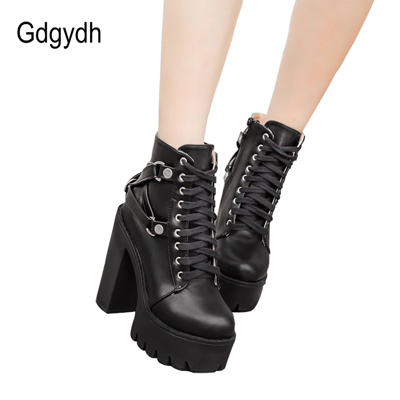 Gdgydh Mode Schwarz Stiefel Frauen Ferse Frühling Herbst Lace-up Weiche Leder Plattform Schuhe Frau Partei Knöchel Stiefel Hohe heels Punk