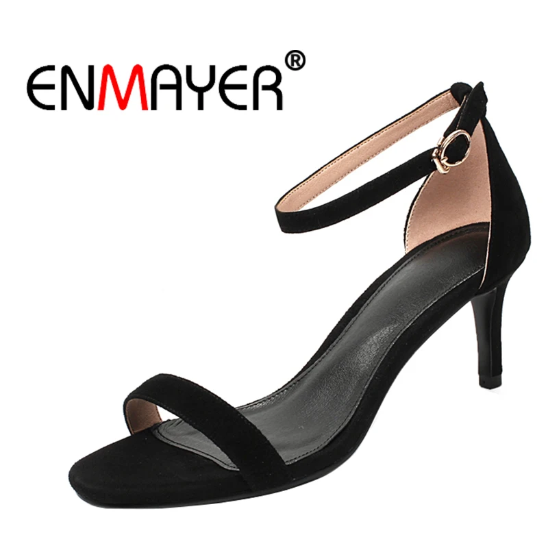 

ENMAYER Women high heels Sandals Hot sale High heel Flock Woman shoes Open toe Summer Concise Buckle strap Shoes for lady CR28