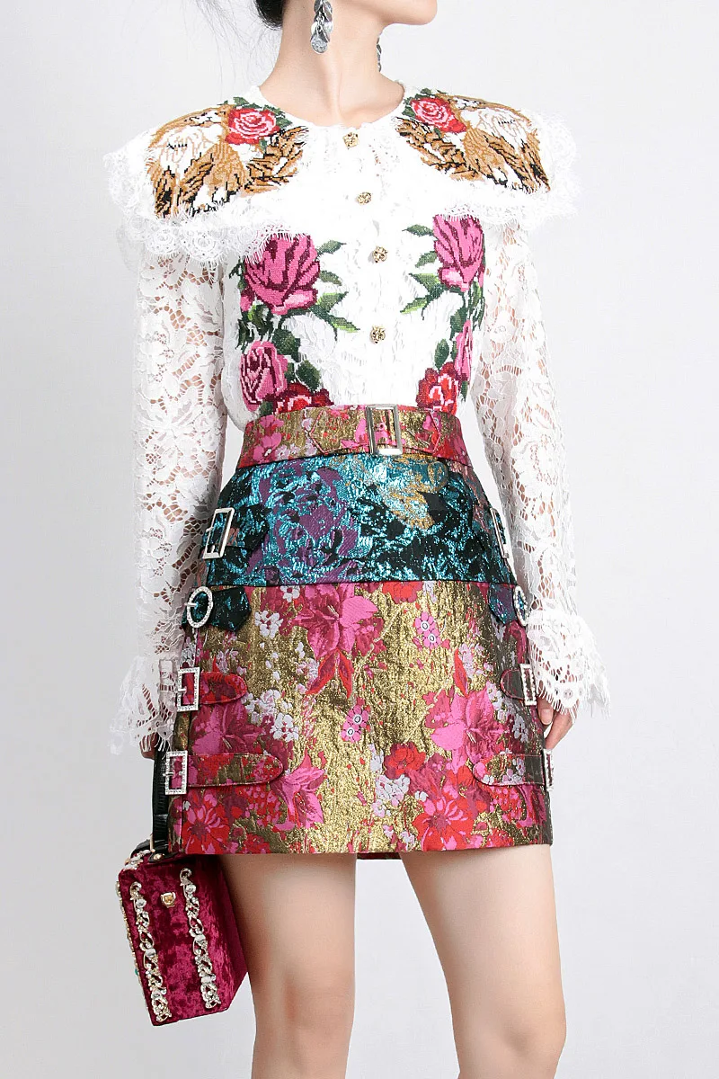 Guesod летние женские юбка в стиле барокко Роскошный цветок масляной живописи жаккардовая Алмазный Кнопка тонкий бутон юбка новое поступление