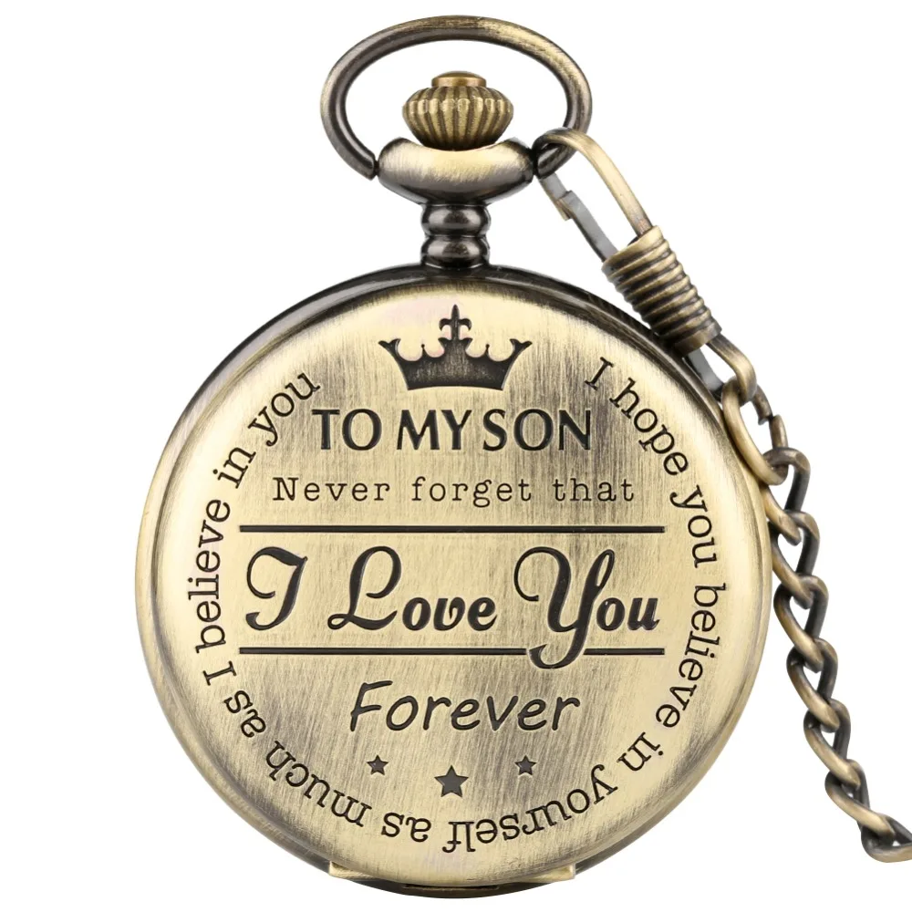 

Bronze Customized To My Son Quartz Pocket Watch Vintage Roman Numeral Display Pendant Clock Birthday Gifts for Boys Dropshipping