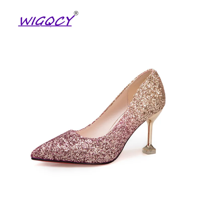 

Pointed Toe Sequined Cloth Thin Heels High heel Wedding pumps women shoes 2019 Spring Autumn Fashion Shallow Bling female shoes