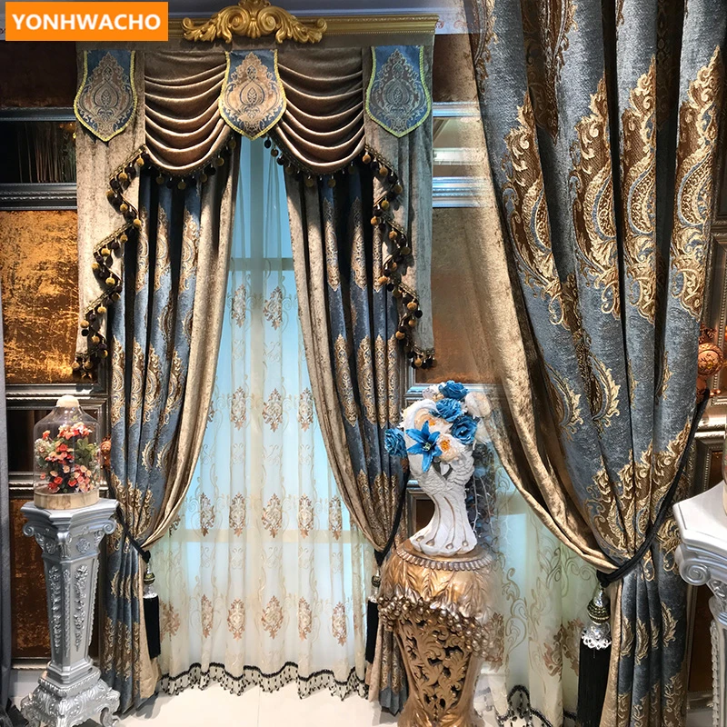 

Custom curtains Blue coffee chenille jacquard European villa living room thick cloth blackout curtain tulle valance drapes B070