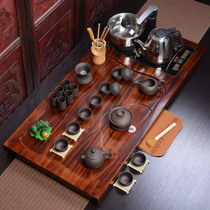 Китайский чайный набор из фиолетовой глины кунг-фу, домашние керамические чашки, чайный набор, электрическая Магнитная печь, чай, тайваньский деревянный поднос, чайная церемония - Цвет: 09 Set