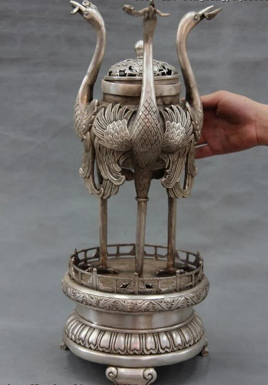 

Collectible bronze lion statue S0229 22 Royal White Copper Bronze Silver Three cranes Ganoderma Censer incense burner B0403