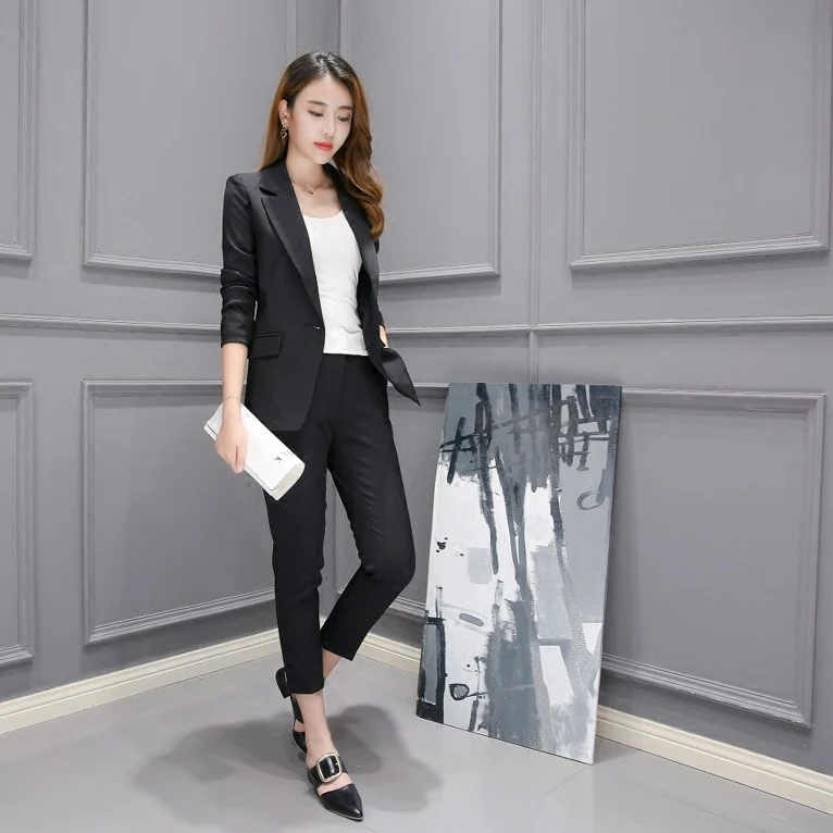 women's suit 2018 spring and autumn fashion temperament Slim long-sleeved small suit + casual nine pants two-piece suit Women's Sets