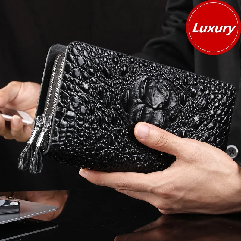 

Luxury Limited Edition Double Zipper Genuine Leather Men Clutch Bag Perfect Quality Alligator Pattern Cowhide Men's Day Clutches