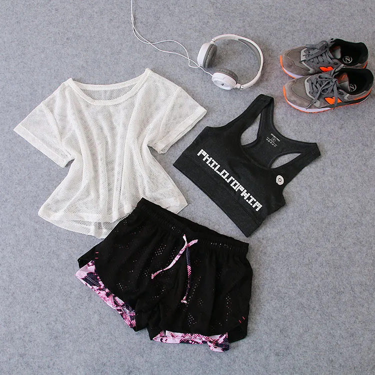 

Spring-Summer Yoga Three-Piece Female Fitness Set Running Sheath Short Shorts Fake Two Piece Women's Pants instagram ot sale