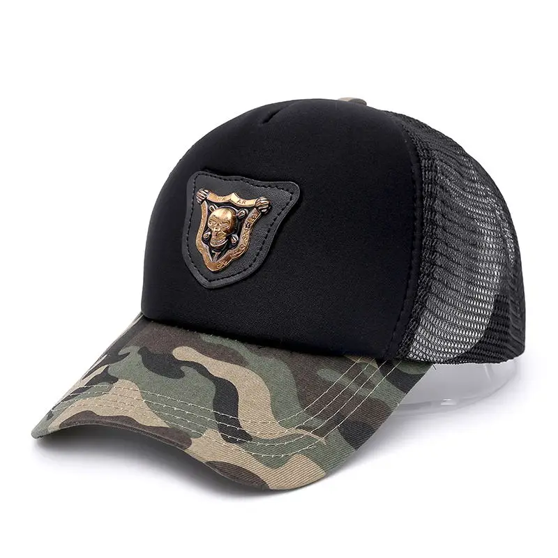 Новая крутая камуфляжная сетчатая бейсбольная кепка с черепом и металлической этикеткой, кепка для мужчин и женщин, модная кепка - Цвет: Dark Camo Black