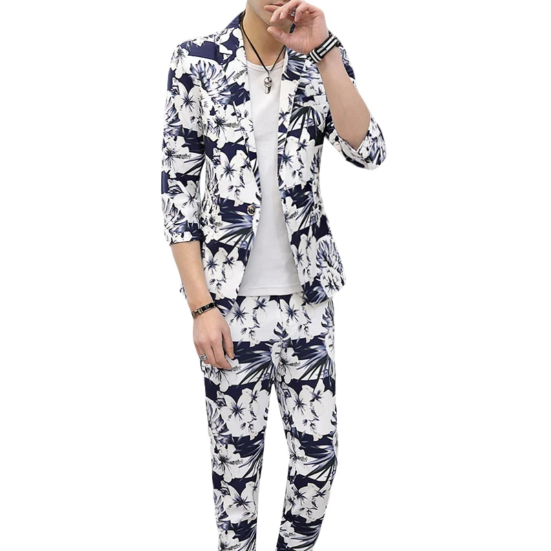 

2019 suits Summer new men's fashion floral print cropped sleeves blazer Men's printed trousers large size loose casual suit