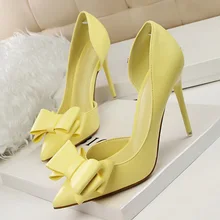 BIGTREE/женские туфли-лодочки для отдыха на высоком каблуке; модная обувь с бантом-бабочкой; свадебные туфли с острым носком; женская обувь на каблуке для невесты; цвет розовый, белый