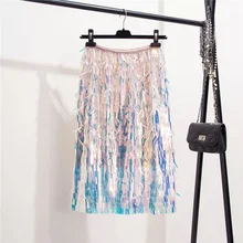 До колена с блестками Голограмма лазерная кисточка Высокая талия модные сексуальные вечерние Клубные юбка в стиле бохо черные Серебряные женские праздничные уличные