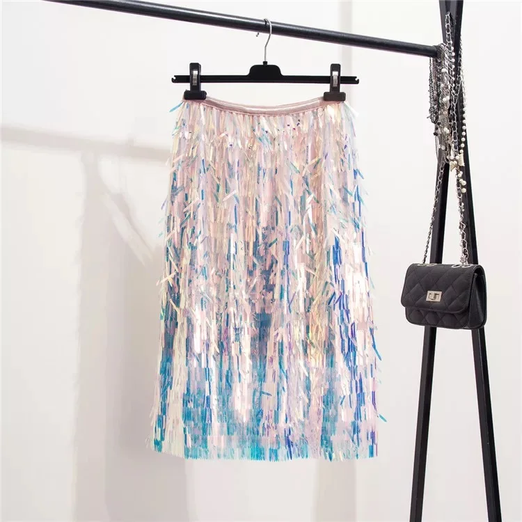 

Knee-Length Sequin Hologram Laser Tassel High Waist Fashion Sexy Party Club Boho Skirt Black Silver Women Festival Streetwear
