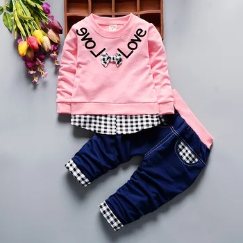 

Autumn Baby Girls Clothes Sets Infant Cotton Suits Casual Style Bow tie grid Kids T Shirt+Pants Children Suits 1-4Years