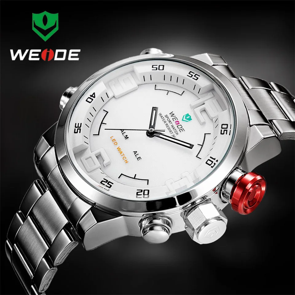 Silver White Топ люксовый бренд WEIDE мужские полностью стальные часы Мужские кварцевые аналоговые светодиодный часы мужские модные спортивные армейские военные наручные часы - Цвет: Silver White