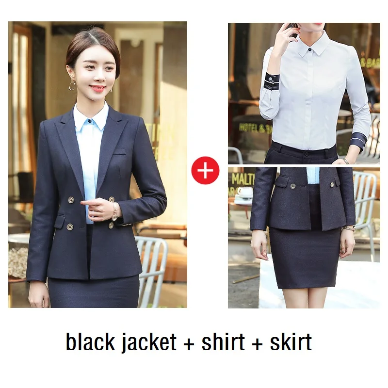 black skirt set ACRMRAC новые женские деловые с длинным рукавом одноцветные тонкие двубортные пиджак брюки OL формальные брючные костюмы - Цвет: black skirt set