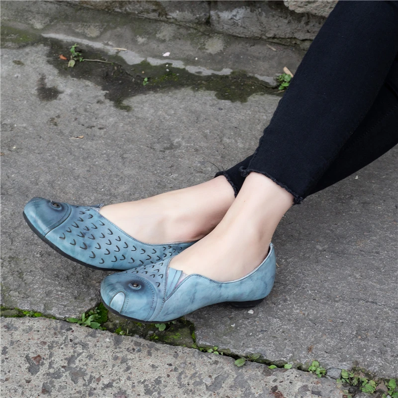

Women Loafers Genuine Leather Low Heels Spring Shoes 2019 Fish Pattern Style Women Leather Flats Handmade Lazy Shoes Women Flats