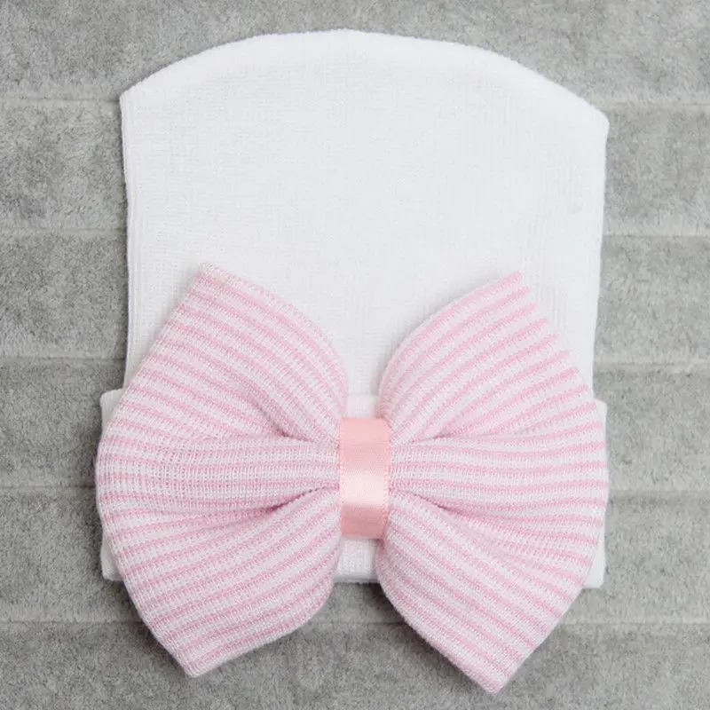White Pink Мягкая шапочка из пряжи для новорожденных, Шапочка с бантом, младенец, девочка, малыш, удобные больничные шапки с бантом, теплая шапочка - Цвет: White Pink