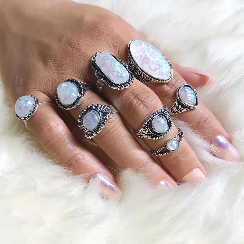 

8 Pcs/lot Vintage Opal Stone Knuckle Ring Set for Women Fashion Anel Bague Femme Midi Finger Rings Boho Jewelry Gifts