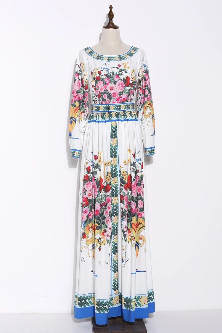 Vestido Boho Длинные платья Свежий полный рукав элегантный топ модный принт ваза длиной до щиколотки праздничное подиумное платье Весна