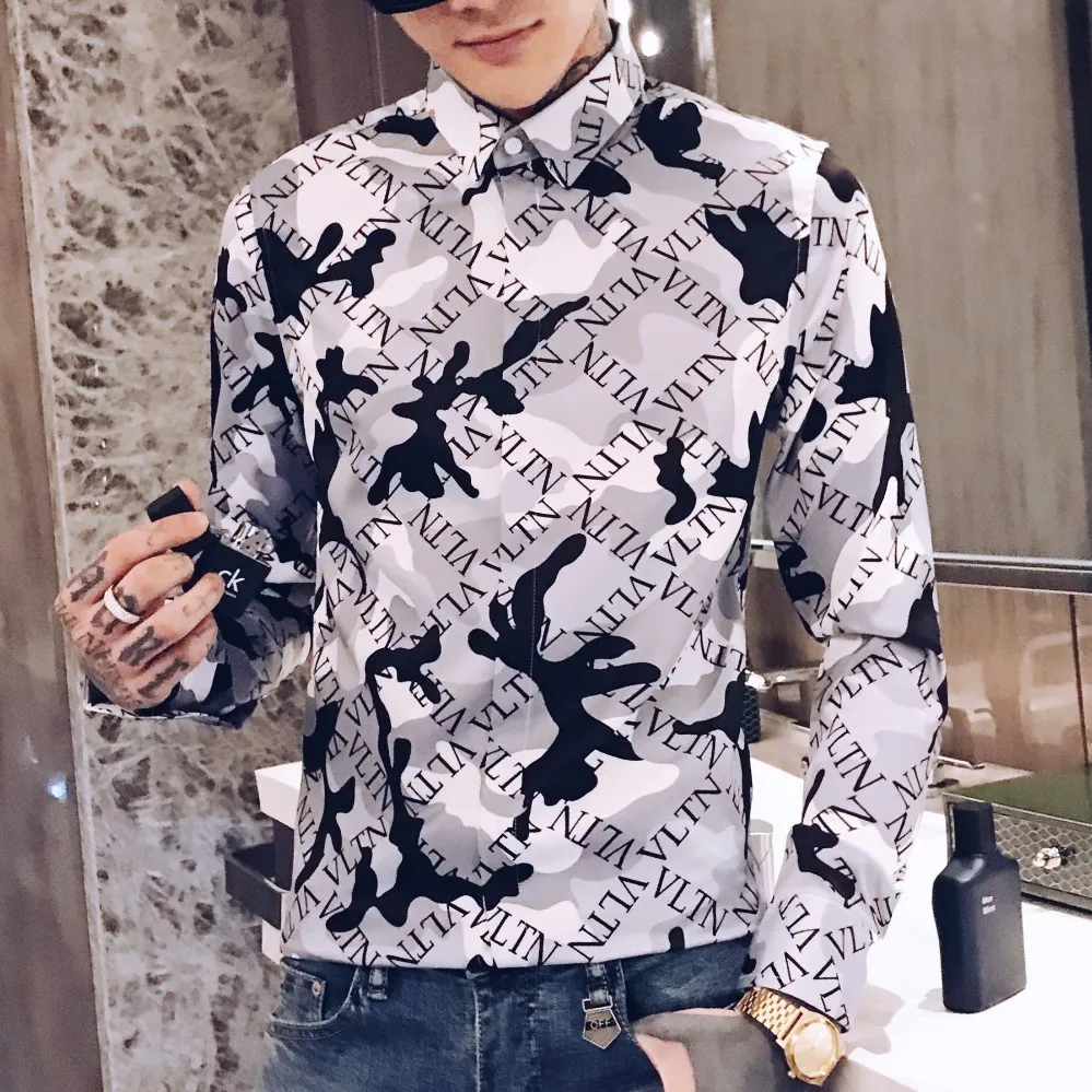 Камуфляжная Мужская рубашка, платье, Camisa Hombre, рубашка с длинным рукавом, Мужская Уличная рубашка с буквенным принтом, Camisas Hombre, смокинг для ночного клуба