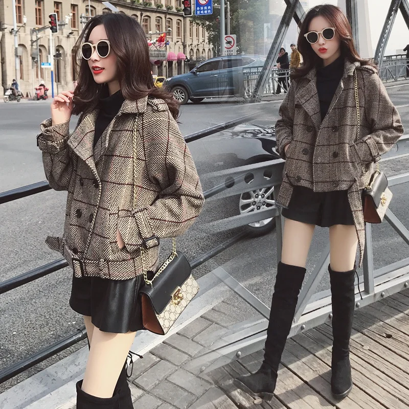 Новое весеннее и осеннее клетчатое шерстяное пальто BF Harajuku свободное короткое повседневное темпераментное удобное простое женское пальто