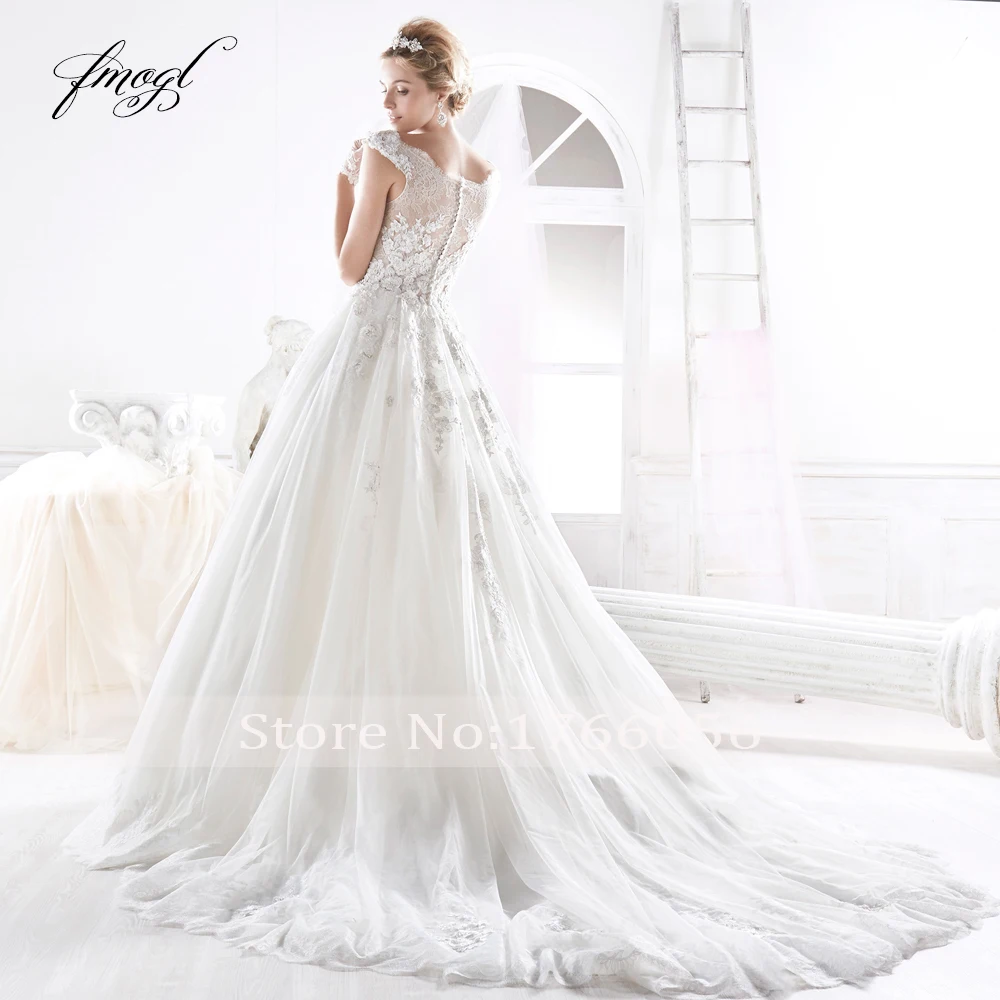 Fmogl Vestido De Noiva Винтаж кружево свадебное платье 2019 Совок средства ухода за кожей шеи аппликации бисером суд Поезд Кнопка Линия невесты