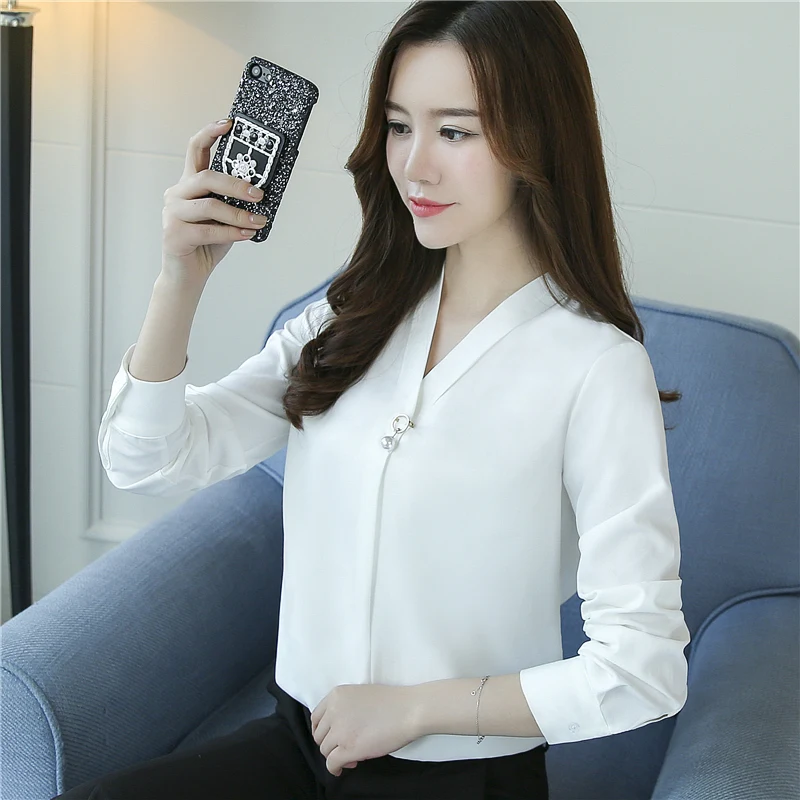 2017 sexy v neck Women Blouses solid White blue Long