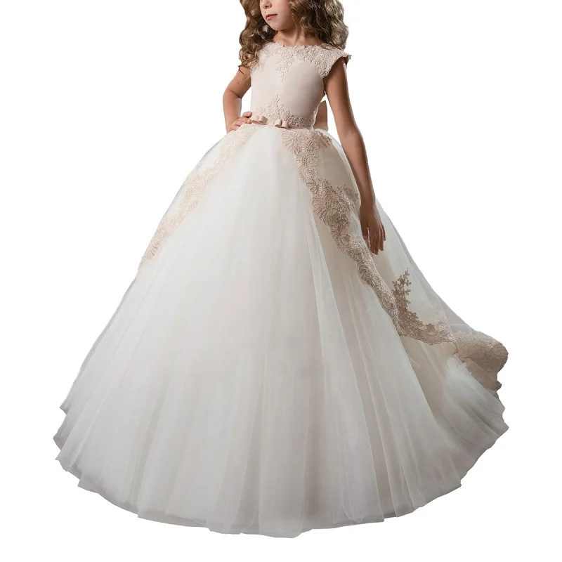 

Champagne Cap Sleeves Lace Elegant Wedding Pageant Dress For Girls Bow Sweep train Ball Gowns Lace Flower Girls Princess Dress