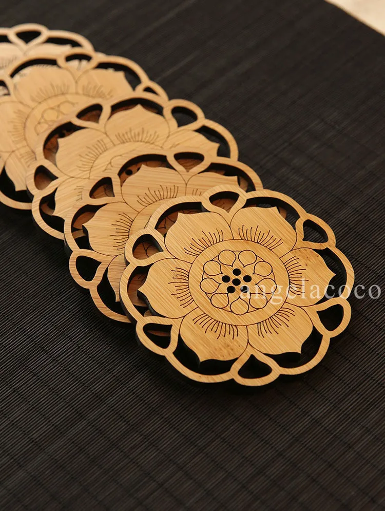 6 Pcs Round Bamboo Coffee Coaster Set Anti-slip Mat Table Decoration Accessories Flowers Cup Pad Hollow Carving Handmade Wooden