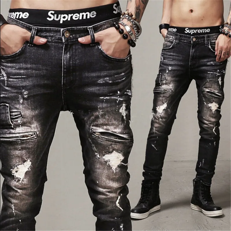 ФОТО Fashion Designer Men Skinny Biker Jeans Joggers Hip Hop Swag Moto Denim slim fit Pants For Man 