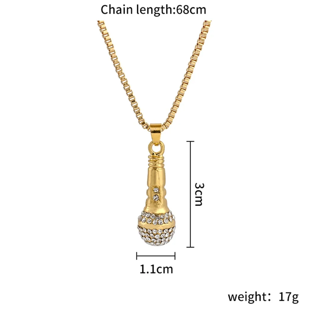 Ice Out Chain Necklace Rapper Microphone Pendant Men Women Gold Color Rhinestone NecklaceShellhard Hip Hop Jewelry Accessories