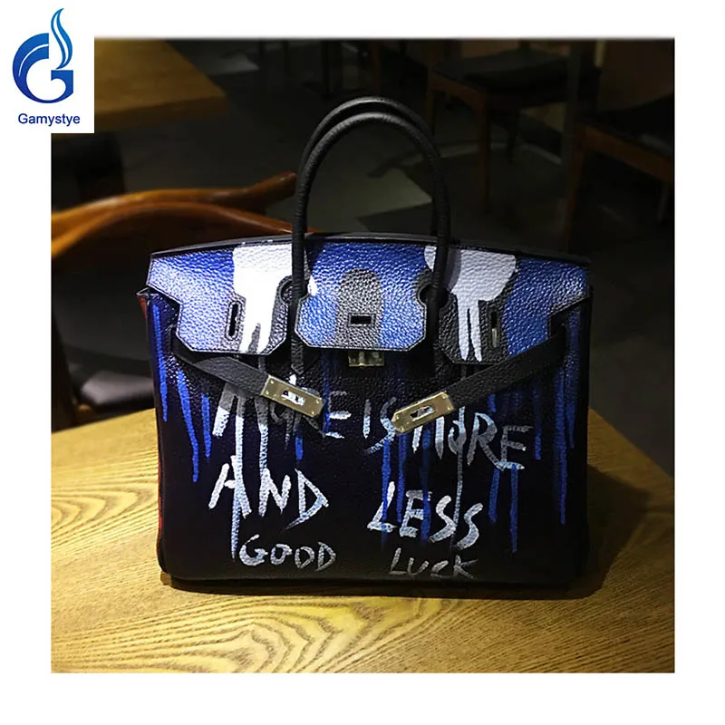 

2018 Women Real Leather Handbag Women Messenger Bags Hand Painted Rock skull luxury handbags women bags designer Custom tote
