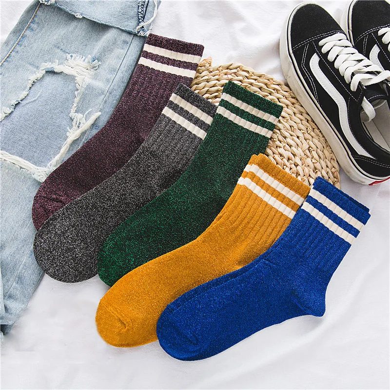 

Striped Glitter Socks Women Fashion Cotton Silver Wire School Girls Socks Spring Autumn Casual Warm Long Socks
