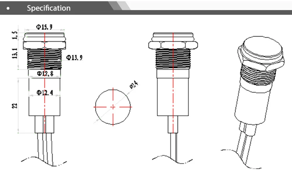 14mm metal indicator light 12v led