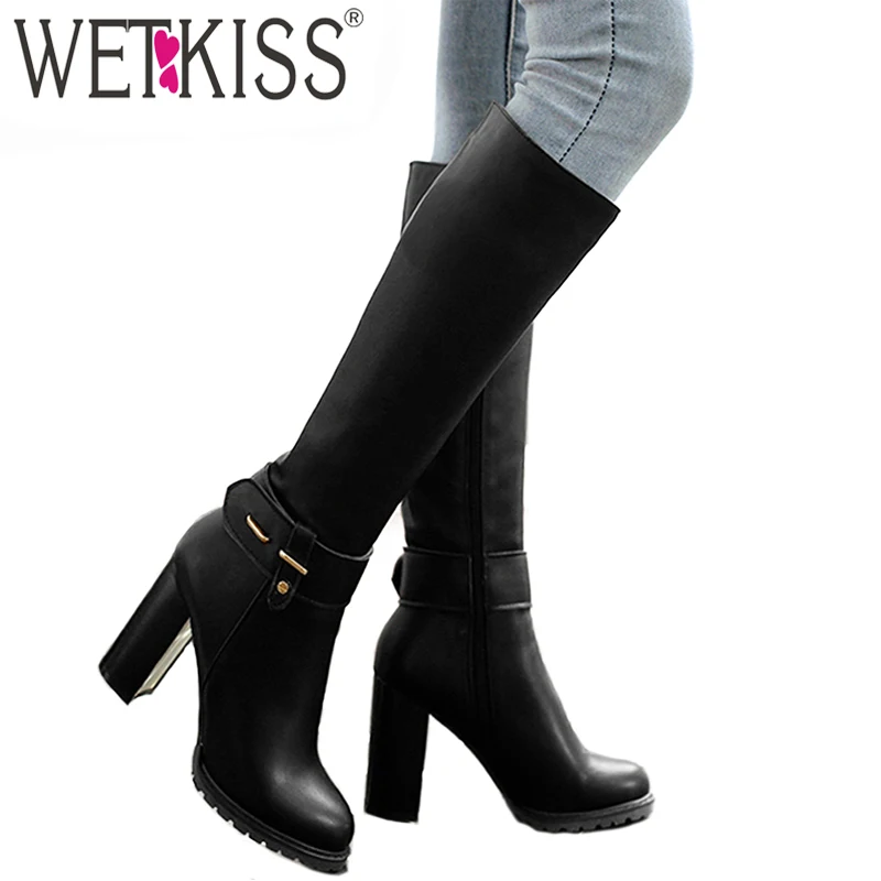 Najtaniej WETKISS Big Size 34 43 damskie buty do kolan futro wewnątrz ciepłe buty zimowe boczny zamek błyskawiczny grube szpilki buty platforma obuwie