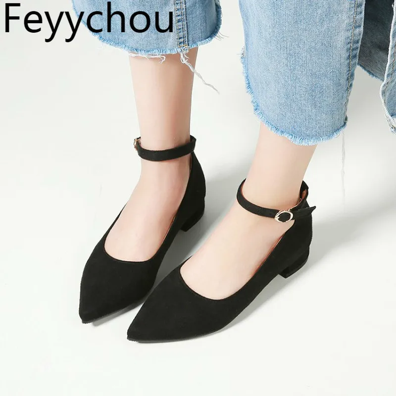 

Women Pumps Low Heel Spring Autumn Flock Pointed Toe Buckle Strap 2018 Sexy Fashion Office Gray Black Beige Pink Size 34-42