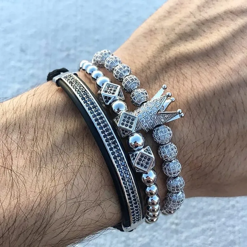 

Classic Vintage Royal Crown Men Bracelet Metal Gold Color Pave Cz Bead Charm Bracelet For Men Fashion Jewelry Pulsera Hombre