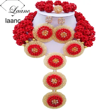 

Laanc African Wedding Beads Bridal Jewelry Sets Opaque Red Crystal Ball Beaded Nigerian Necklace and Earrings for Women AL560