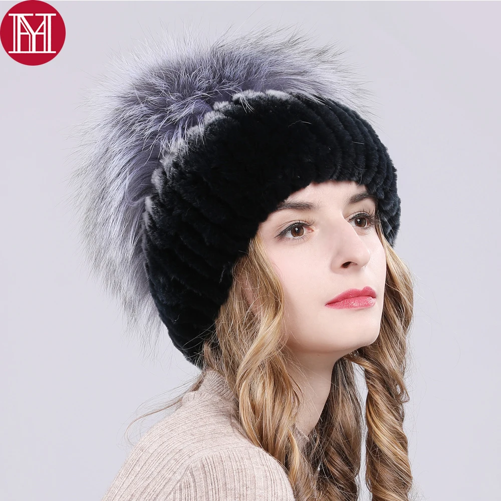 

Brand Women Warm Genuine Rex Rabbit Fur Hat Natural Rex Rabbit Fur Fox Fur Top Mushroom Shape Caps Winter Real Fur Beanies Hats