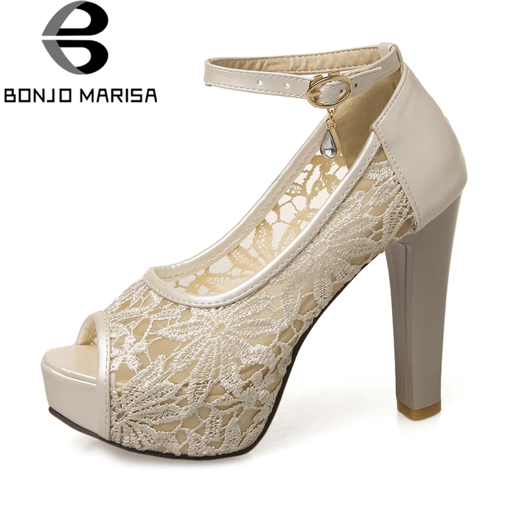 

BONJOMARISA Brand Embroider Breathable Black Sandals Women Large Size 32-43 Platform Shoes Woman Shallow High Heels Footwear
