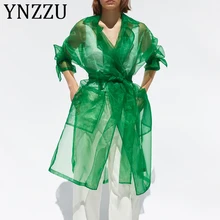 YNZZU шикарный Женский Тренч из органзы зеленого цвета осенний длинный стильный прозрачный Женский Тренч летняя Солнцезащитная верхняя одежда AO982