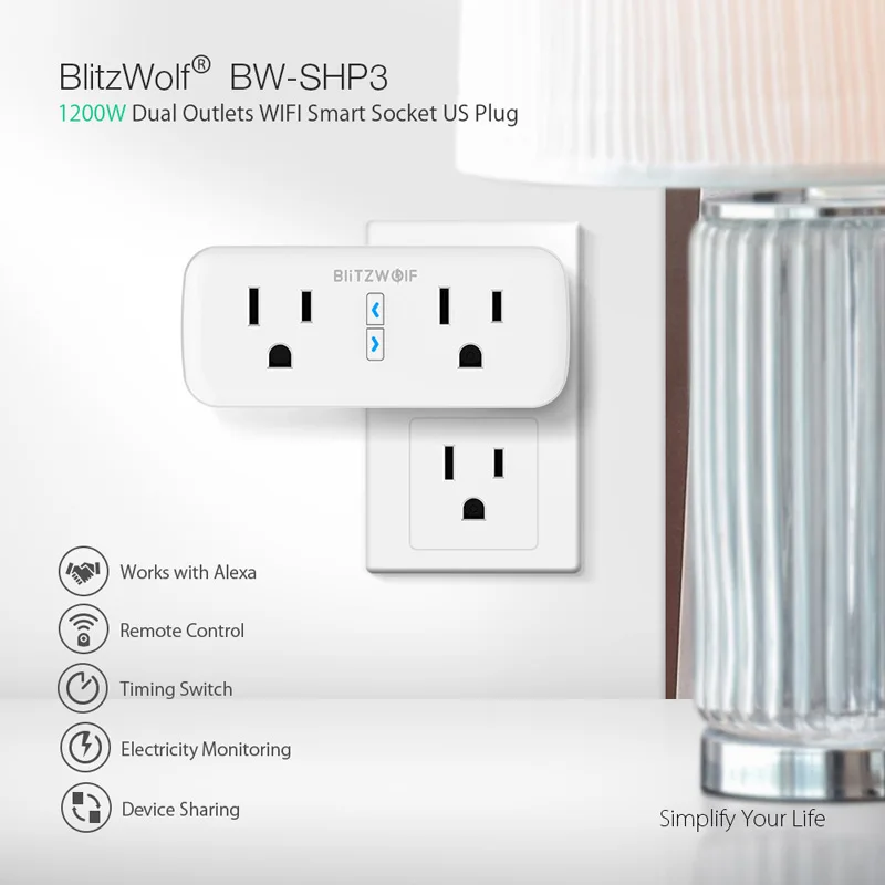BlitzWolf BW SHP3 двойной выход wifi умная розетка США вилка 110 240 В 10A работа с Amazon Alexa Google